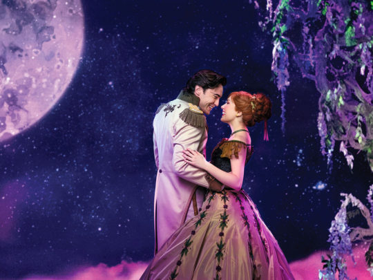 Ryan McCartan (Hans) and McKenzie Kurtz (Anna) in FROZEN on Broadway. Photo by Mary Ellen Matthews.