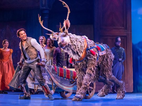 Mason Reeves as Kristoff and Collin Baja as Sven in FROZEN North American Tour. Photo by Deen van Meer.