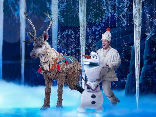 Collin Baja as Sven and F. Michael Haynie as Olaf in FROZEN North American Tour. Photo by Deen van Meer.
